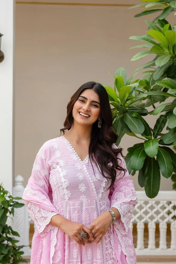 DESIHOOR Women Embroidered Pure Mal Cotton Anarkali Kurta Set with Dupatta | Floral Embroidery Ethnic Wear - Lavender Rose, XL