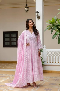 DESIHOOR Women Embroidered Pure Mal Cotton Anarkali Kurta Set with Dupatta | Floral Embroidery Ethnic Wear - Lavender Rose, L
