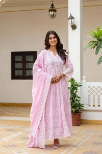 DESIHOOR Women Embroidered Pure Mal Cotton Anarkali Kurta Set with Dupatta | Floral Embroidery Ethnic Wear - Lavender Rose, XL