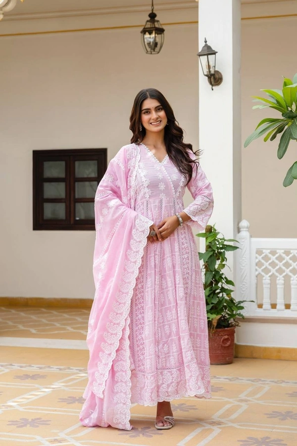 DESIHOOR Women Embroidered Pure Mal Cotton Anarkali Kurta Set with Dupatta | Floral Embroidery Ethnic Wear - Lavender Rose, XL