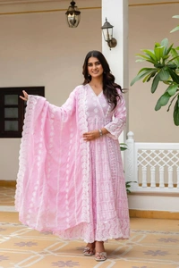 DESIHOOR Women Embroidered Pure Mal Cotton Anarkali Kurta Set with Dupatta | Floral Embroidery Ethnic Wear - Lavender Rose, L