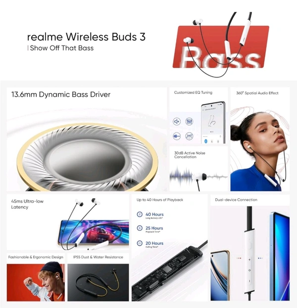 Realme Buds Wireless 3 in-Ear Bluetooth Headphones,30dB ANC,Spatial Audio,13.6mm Dynamic Bass Driver,Upto 40 HrsPlayback,Fast Charging,45ms Low Latency for Gaming,Dual Device Connection-Vitality - White