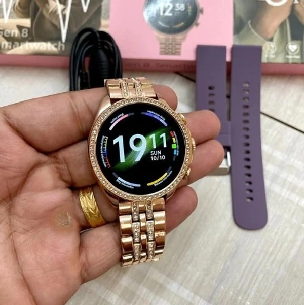 Generic Gen 8 Pro Rose Gold Daimond Edition Stainless Steel Women Bluetooth Calling Gift Smartwatch (One Strap, One Dimond Chain) - Turkish Rose