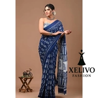Jaipuri Hand Block Printed Soft Cotton Mulmul Saree - Free Size, Blue