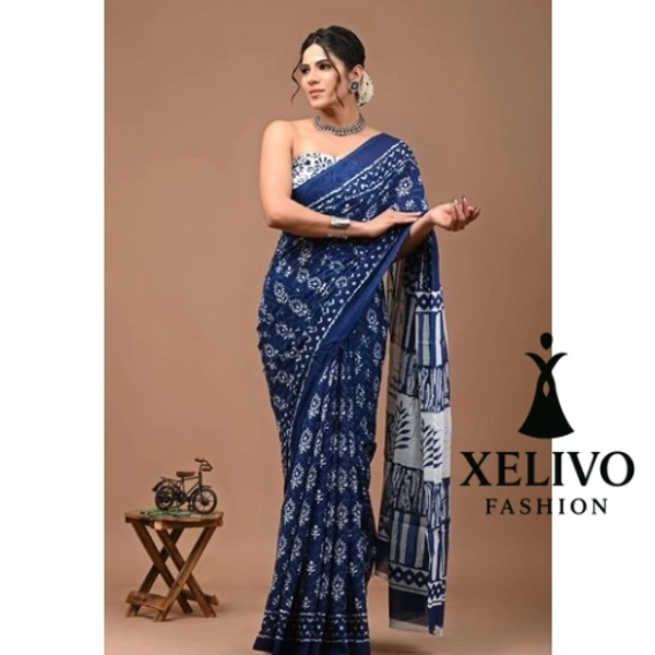 Jaipuri Hand Block Printed Soft Cotton Mulmul Saree - Free Size, Blue