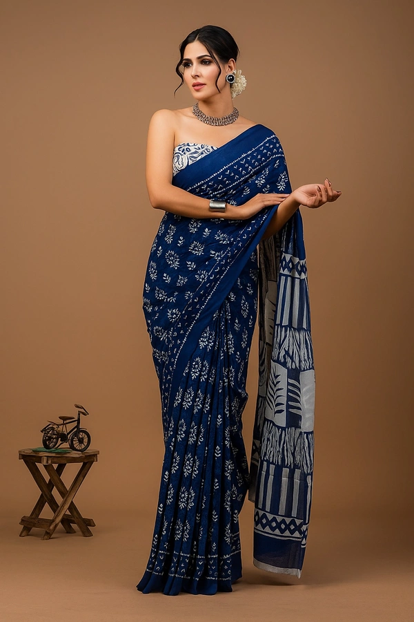 Jaipuri Hand Block Printed Soft Cotton Mulmul Saree - Free Size, Blue