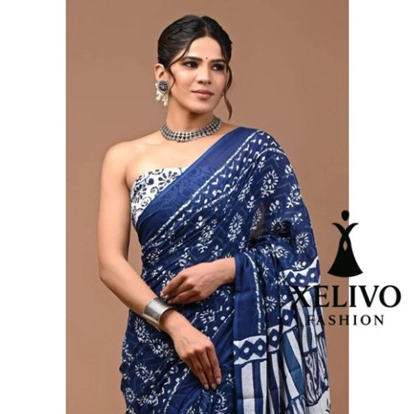 Jaipuri Hand Block Printed Soft Cotton Mulmul Saree - Free Size, Blue