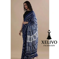 Jaipuri Hand Block Printed Soft Cotton Mulmul Saree - Free Size, Blue