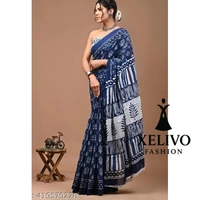 Jaipuri Hand Block Printed Soft Cotton Mulmul Saree - Free Size, Blue