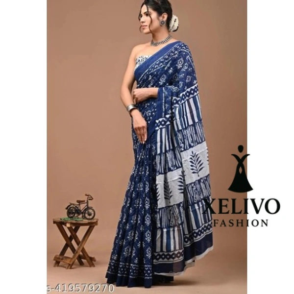 Jaipuri Hand Block Printed Soft Cotton Mulmul Saree - Free Size, Blue