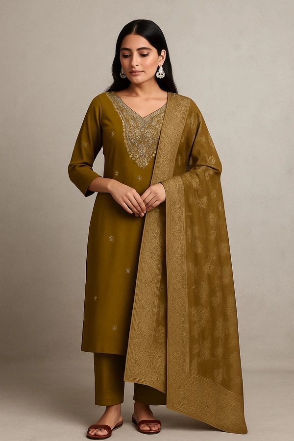 Hand Work Kurti With Pant  - Top L. Bottom M, Brown