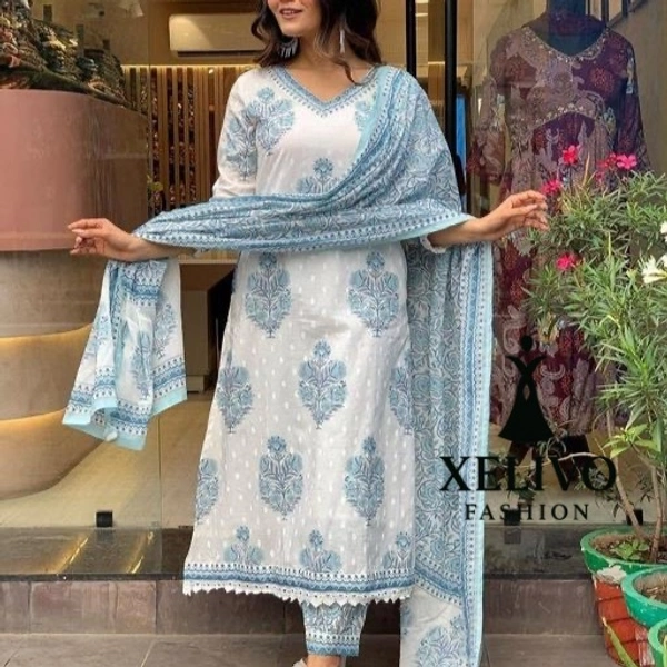 Women Printed Kurta And Pant Set With Dupatta - White, M