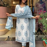 Women Printed Kurta And Pant Set With Dupatta - White, M