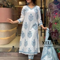 Women Printed Kurta And Pant Set With Dupatta - White, M