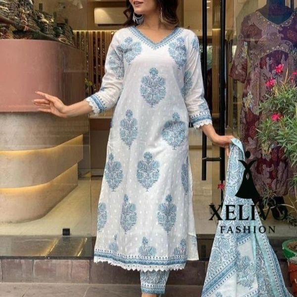 Women Printed Kurta And Pant Set With Dupatta - White, M