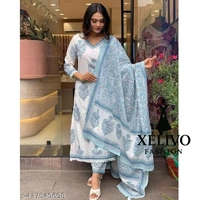 Women Printed Kurta And Pant Set With Dupatta - White, M