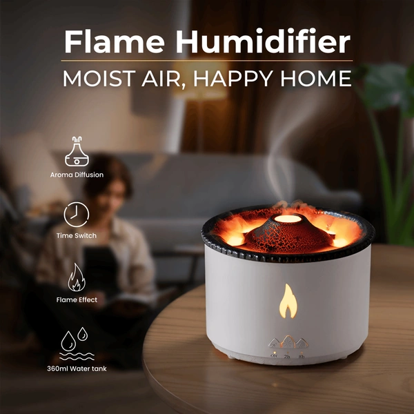 Volcano Flame Light Humidifier Essential Oil Diffuser ( Made In India)  ( COD Available ) - White, Big