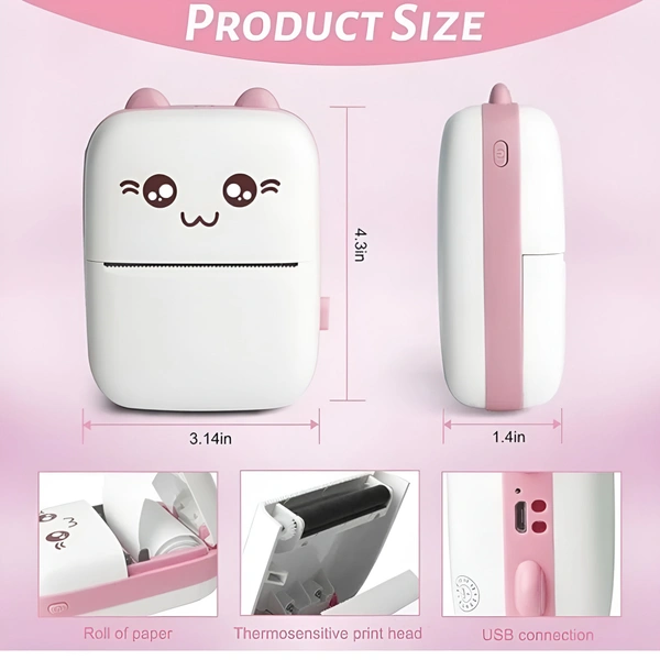 Mini Thermal Printer Gift Box (2Year Warranty) Inkless Bluetooth Pocket Printer with Poucqh, 13 Paper & Sticker Rolls. Compatible with iOS, Android (Pink)  ( COD Available )