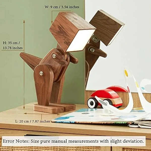 Wooden Rechargeable Unique Dinosaur Table Lamp Adjustable Body Dimmable Touch Switch Warm White Light (Walnut Wood)  ( COD Available ) - Brown