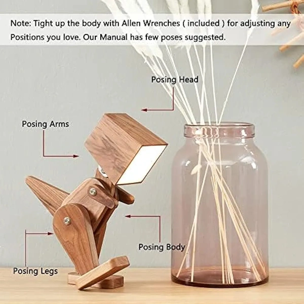 Wooden Rechargeable Unique Dinosaur Table Lamp Adjustable Body Dimmable Touch Switch Warm White Light (Walnut Wood)  ( COD Available ) - Brown