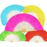 Hand Made Colorful Floral Pattern Hand Held Foldable Japanese Silk Bamboo Fan with Fabric for Dance Performance or Decoration (Blue)