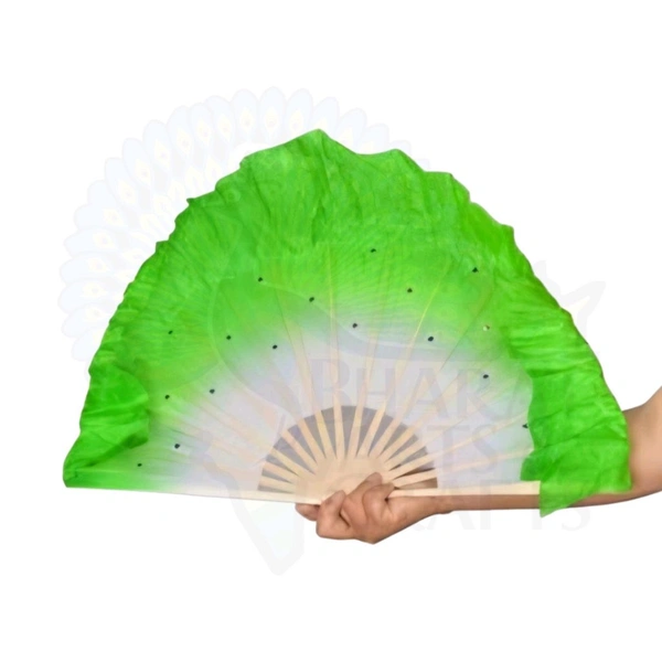 Hand Made Colorful Floral Pattern Hand Held Foldable Japanese Silk Bamboo Fan with Fabric for Dance Performance or Decoration (Green)