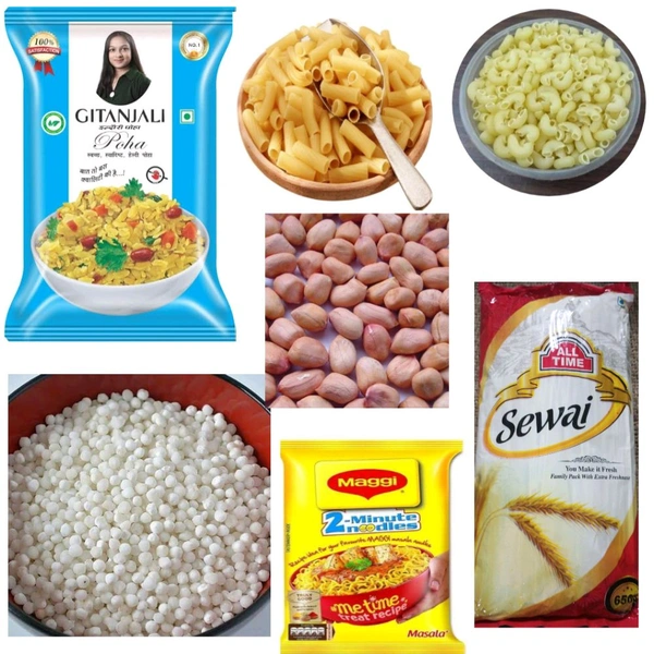 Moongfali dana, chowmein, Pasta, microni, maggie, poha, sabudana, mungfali dana - demo product not for sell