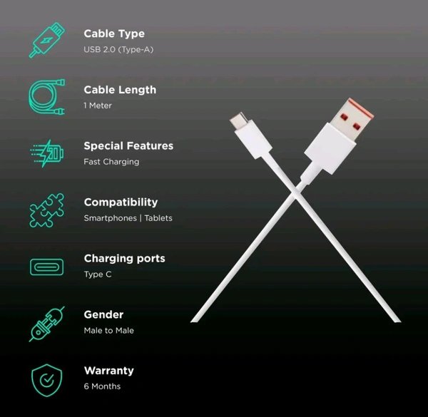 MI (XIAOMI) Xiaomi SonicCharge 6A  Type A to Type C 3.3 Feet (1M) Cable - White