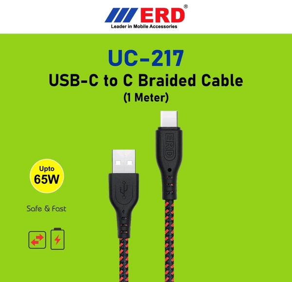 ERD UC - 217 USB C TO C BRAIDED CABLE 65W - Black