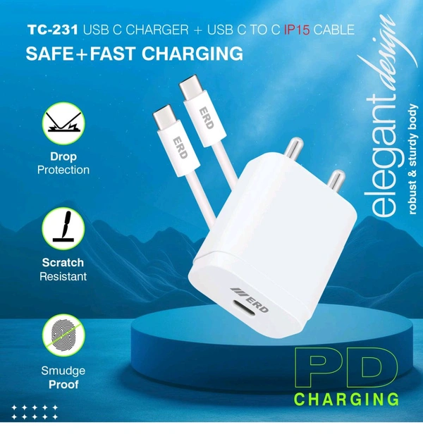 ERD TC-231 CHARGER WITH USB-CTOC IP15 WHT 20W - White