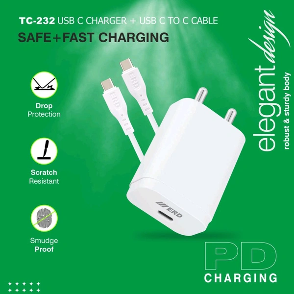 ERD TC-232 CHARGER USB-C TO C PD WHT 25W - White
