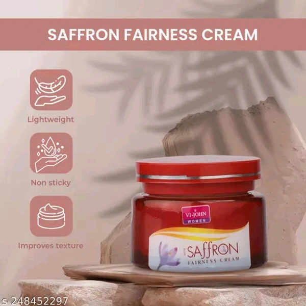 VI-JOHN WOMEN SAFFRON CREAM ADVANCE 50GMName: VI-JOHN WOMEN SAFFRON CREAM ADVANCE 50GMProduct Name: VI-JOHN WOMEN SAFFRON CREAM ADVANCE 50GMSkin Tone: Fair/LightShade: TransparentType: CreamNet Quantity (N): 1Concern: WhiteningVI-JOHN Women Saffron Fairness Cream - Classic For Remove Dark Spots, Skin Whitening | With Blend Of Cellule Blanc, Saffron, Vitamin E & Mulberry Extract (Al