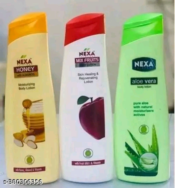 NEXA BODY LOATION MIX FRUIT+ALMOND & HONEY + ALOEVERA 100ml each (Pack of 3)Name: NEXA BODY LOATION MIX FRUIT+ALMOND & HONEY + ALOEVERA 100ml each (Pack of 3)Product Name: NEXA BODY LOATION MIX FRUIT+ALMOND & HONEY + ALOEVERA 100ml each (Pack of 3)Flavour: Mixed FruitNet Quantity (N): 1Skin Type: All Skin TypesType: Lotion/Body ButterCapacity: 200-300mlNEXA BODY LOATION MIX FRUIT