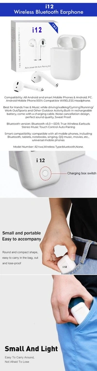 i12 Wireless Bluetooth Earphone Headphone - white
