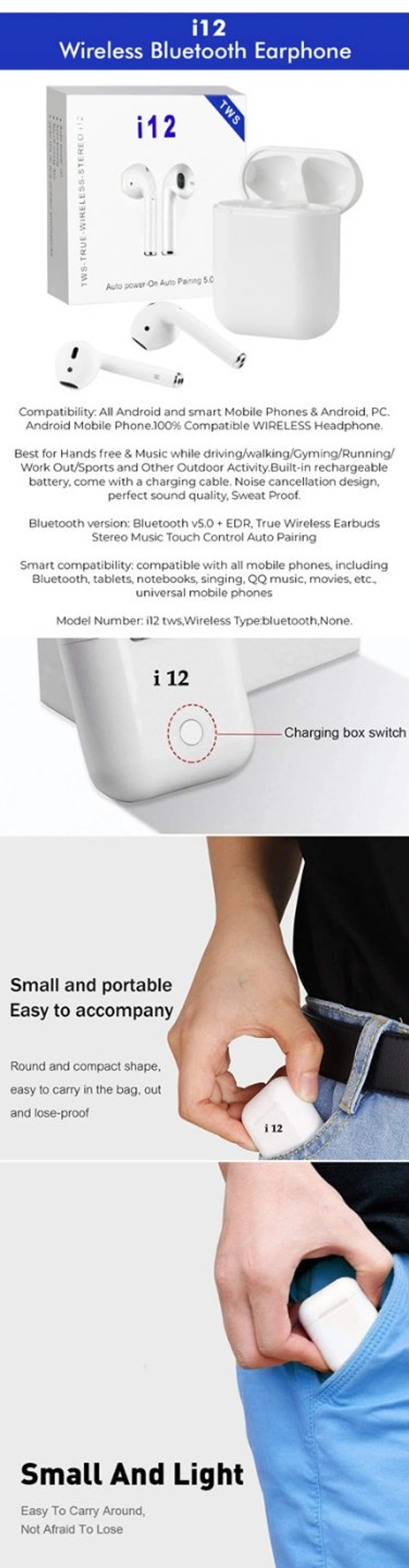 i12 Wireless Bluetooth Earphone Headphone - white