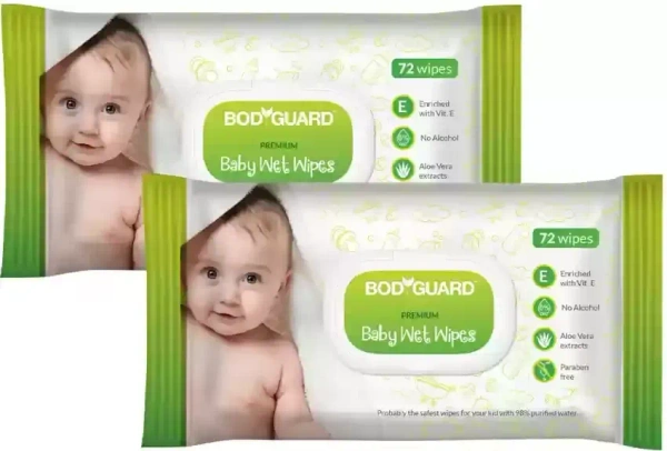 BodyGuard Premium Paraben Free Baby Wet Wipes with Aloe Vera (2 Pack, 72 each), 144 wipes