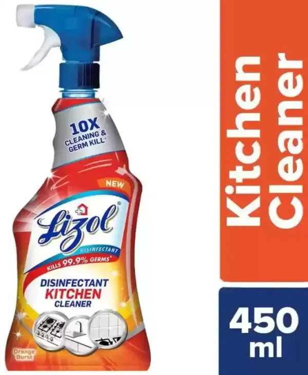Lizol Kitchen Power Cleaner 10x Cleaning Germ Protect Orange Burst Spray Bottle, 450ml