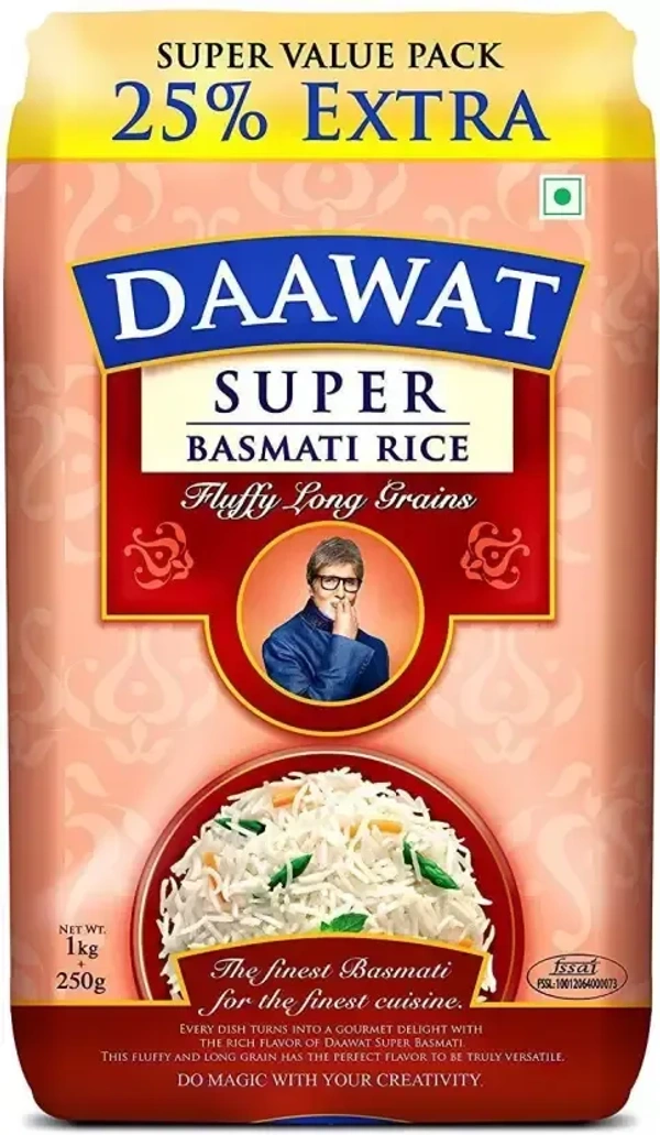 Daawat Super Basmati Rice Super Value Pack 25% Extra Pouch, 1.25 kg