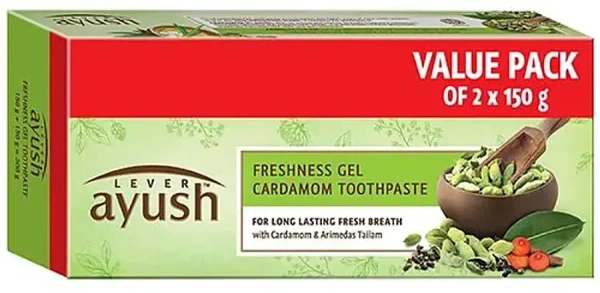 Lever Ayush Freshness Gel Cardamom Toothpaste Value Pack (2X150g), 300g
