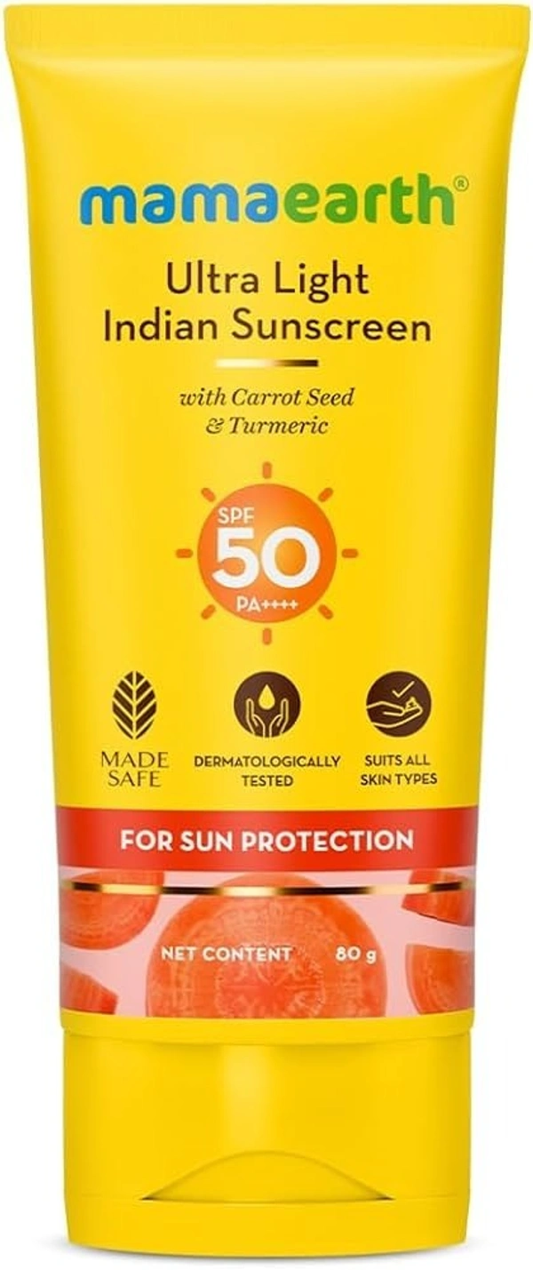Mamaearth Ultra Light Indian Sunscreen SPF 50 P+++ With Carrot Seed& Turmeric, 80g