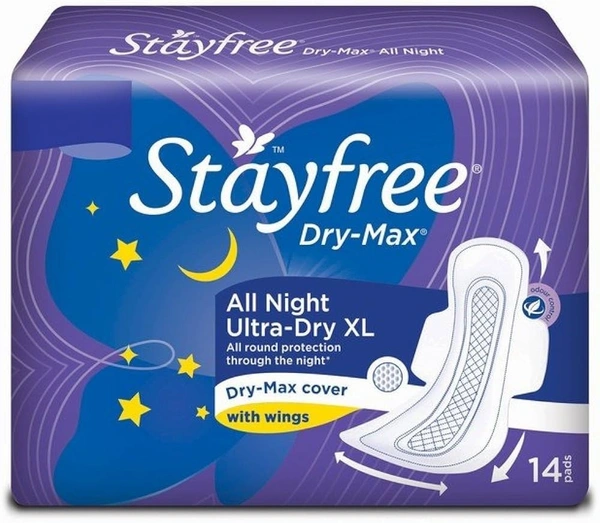 Stayfree Dry Max Dry Max Cover With Wings All Night Ultra Dry (XL), 14 pads