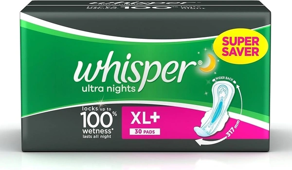 Whisper Ultra Overnight Sanitary Pads with Wings (XL Plus) (30 Pads)