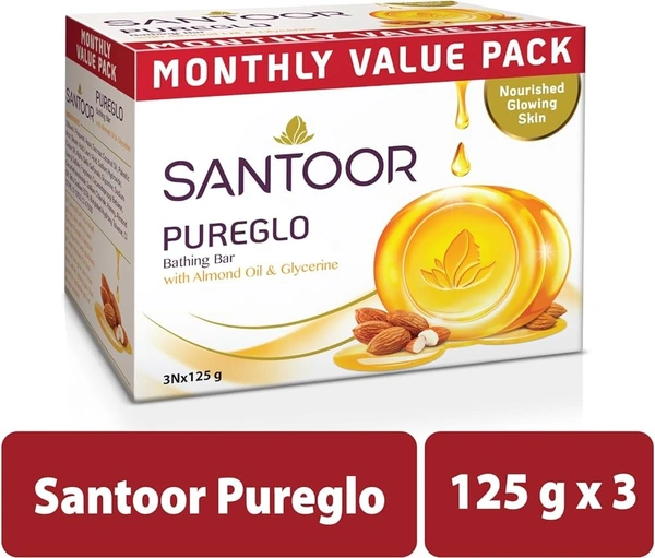 Santoor PureGlo Glycerine Bathing Bar Soap with Almond Oil, 125g (Pack of 3)