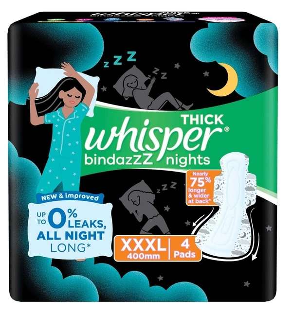 Whisper Bindazzz Nights Sanitary Pads XXXL, 4 pads