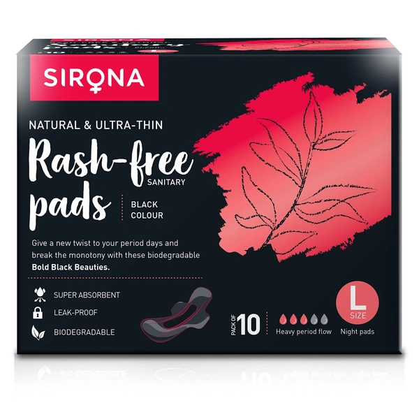 Sirona Biodegradable Super Soft Black Sanitary Pads& Napkins Large (L) Night Pads