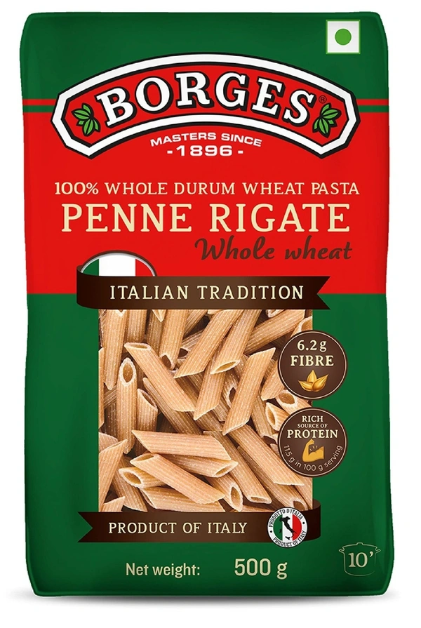 Borges Penne Rigate Whole Wheat Pasta, 500g