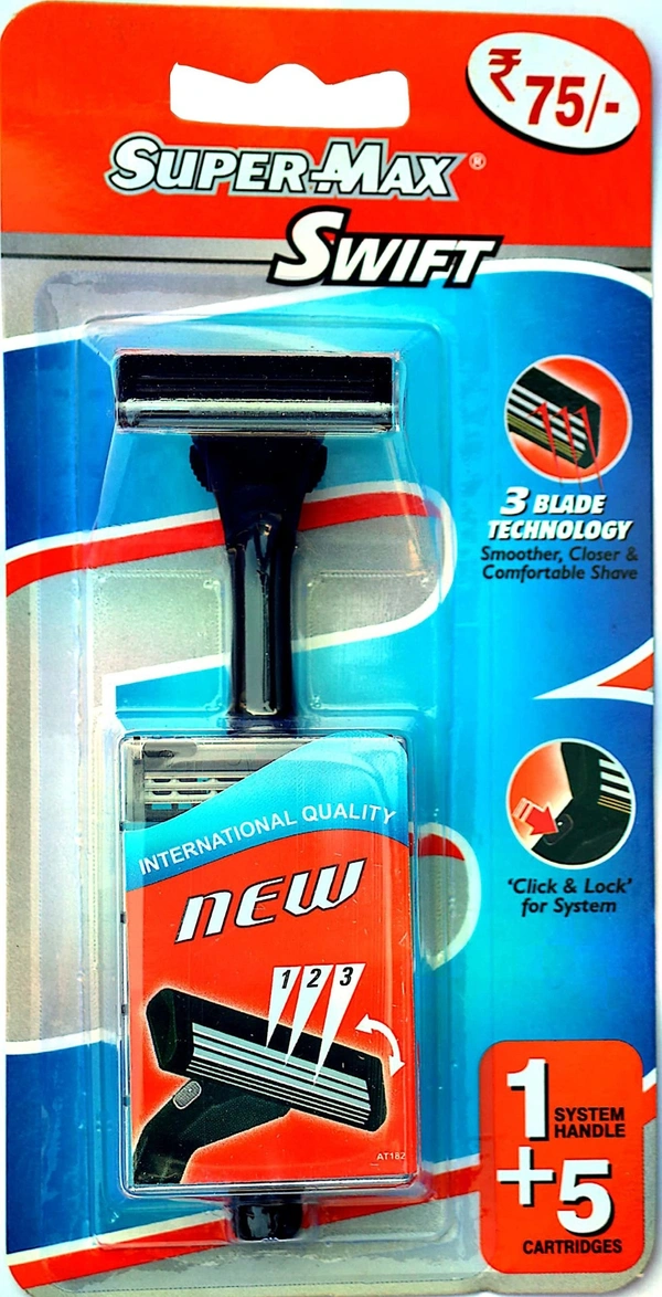 Supermax Swift 3 Blade Razor For Smoother & Closer Shave, (1 Handle+5 Cartridges)