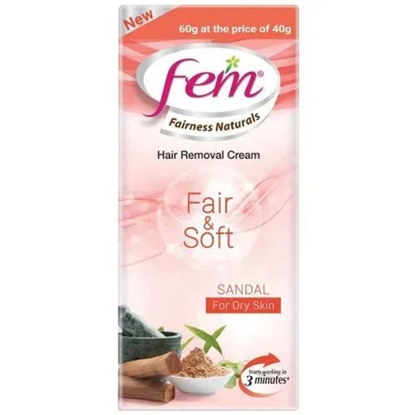Fem Fairness Naturals Hair Removal Cream Fair& Soft Sandal Dry Skin, 40g