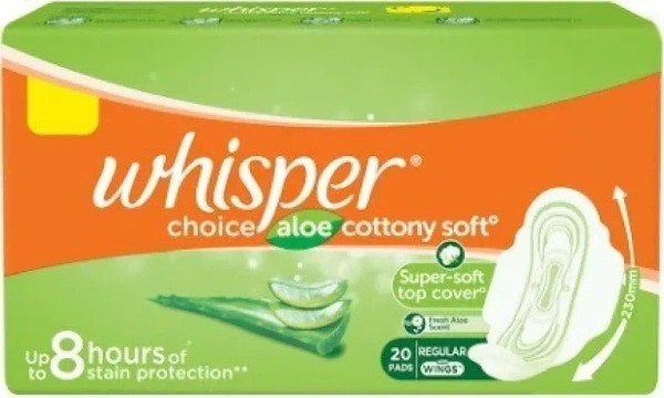 Whisper Choice Aloe Cottony Soft Sanitary Pads Regular, 20 pads
