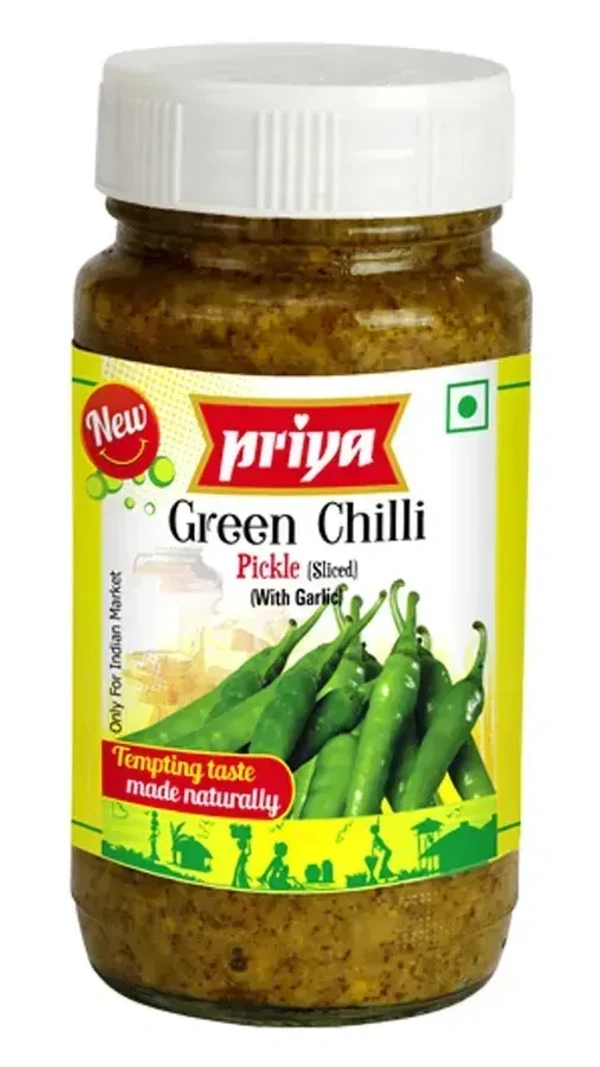Priya Green Chilli (Sliced) Pickle Without Garlic, 300g